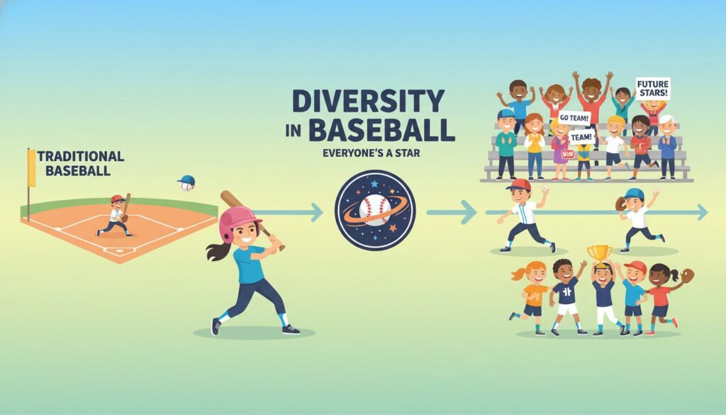 野球少女、野球少年、応援する親たちのイラストで多様性を表現したインフォグラフィック(生成AIによるイメージ)