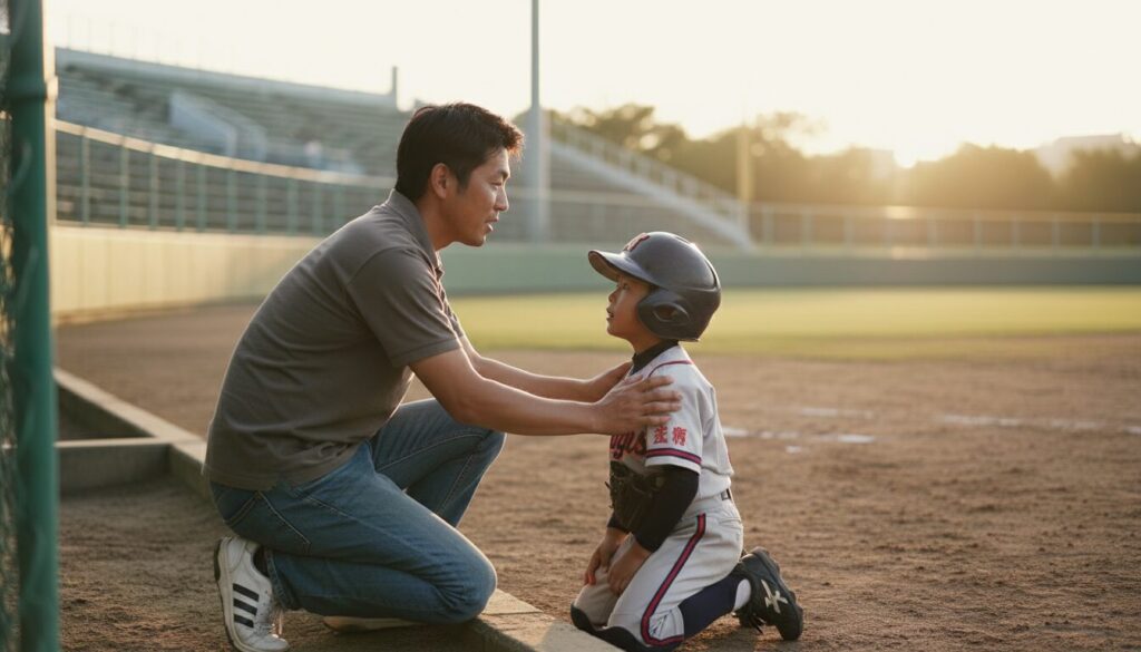 子供の目線に合わせて真剣に話を聞く父親(生成AIによるイメージ)