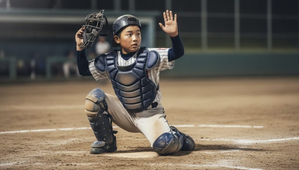 キャッチャーマスクを外し、タイムをかける少年野球のキャッチャー(生成AIによるイメージ)