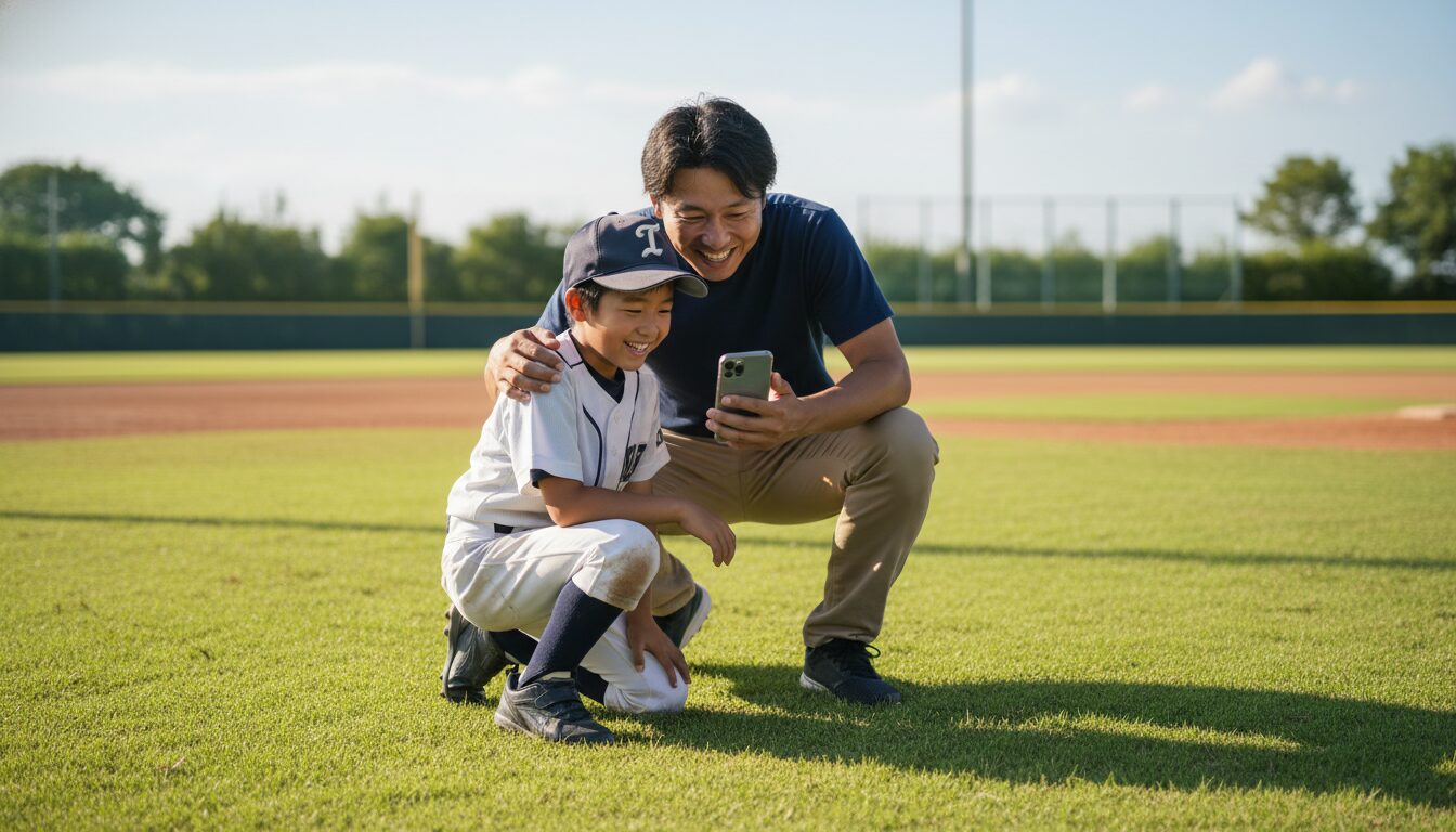 少年野球のグラウンドで笑顔でスマホを見る親子(生成AIによるイメージ)