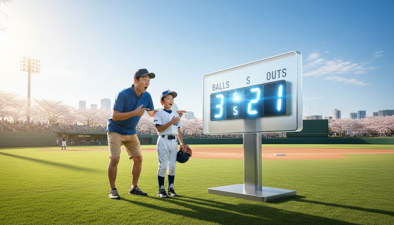 青空の少年野球グラウンドで輝くデジタルBSOボードに驚く親子の姿(生成AIによるイメージ)