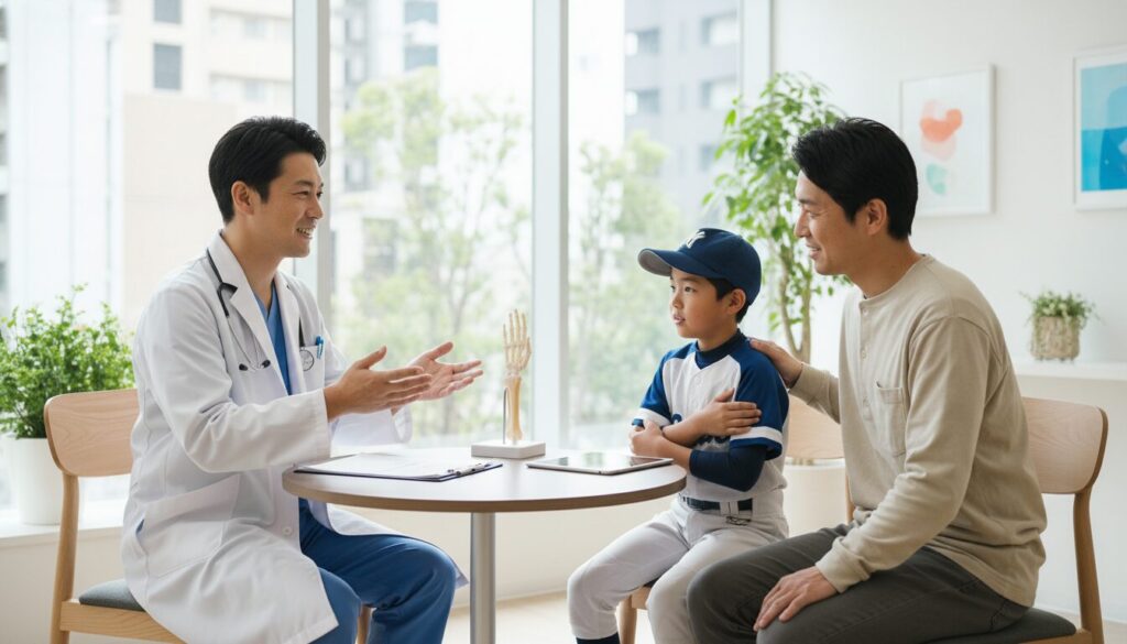 診察室で医師の説明を熱心に聞く父親と少年野球選手の息子(生成AIによるイメージ)