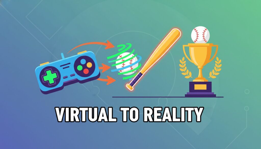 ゲームのコントローラーから野球のボールやバットへと進化し、現実の成功を示すトロフィーへ繋がるインフォグラフィック(生成AIによるイメージ)