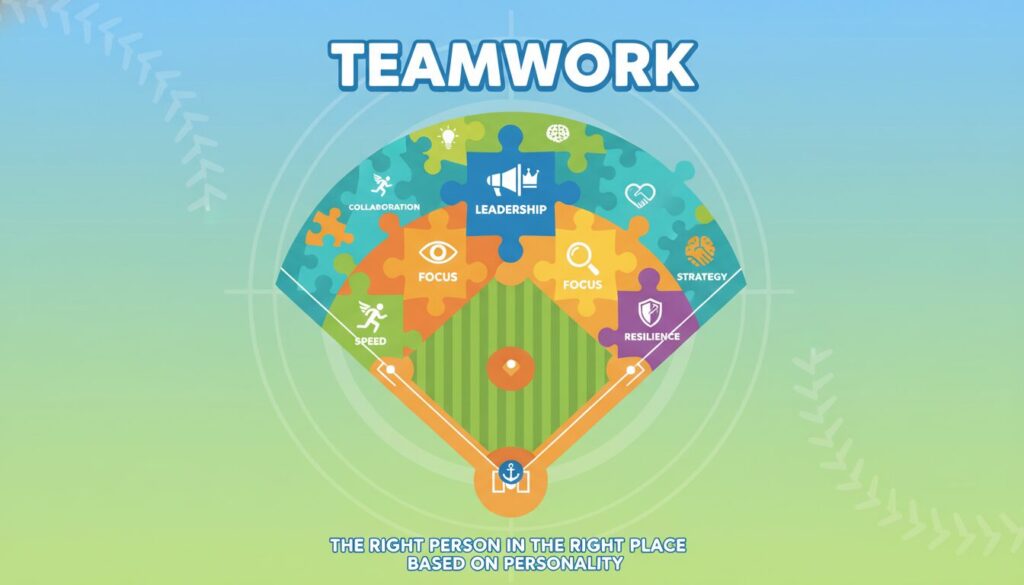 チームの適材適所を示すパズルモチーフの野球インフォグラフィック(生成AIによるイメージ)