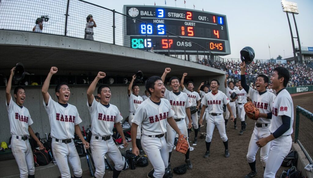 デジタルBSOボードの輝きでプロ野球のような臨場感に盛り上がるベンチの子供たち(生成AIによるイメージ)