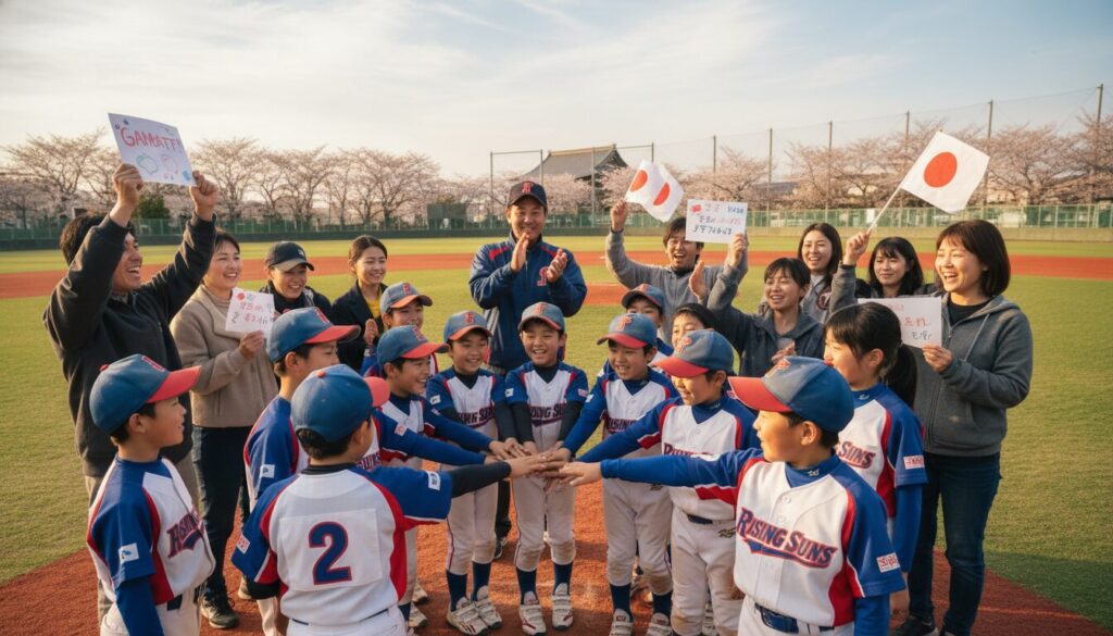 男女混合の少年野球チームの子供たちが笑顔で円陣を組み、手を合わせている様子(生成AIによるイメージ)