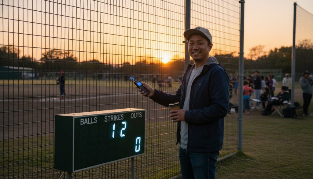 バックネット裏からワイヤレスリモコンでBSOボードを操作するお父さんの様子(生成AIによるイメージ)