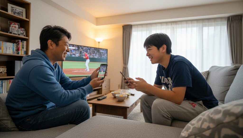 自宅のソファでスマホ動画とプロ野球中継を見比べる親子(生成AIによるイメージ)