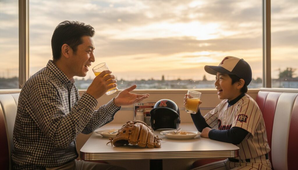 試合後にファミレスで楽しく野球談義をする親子(生成AIによるイメージ)