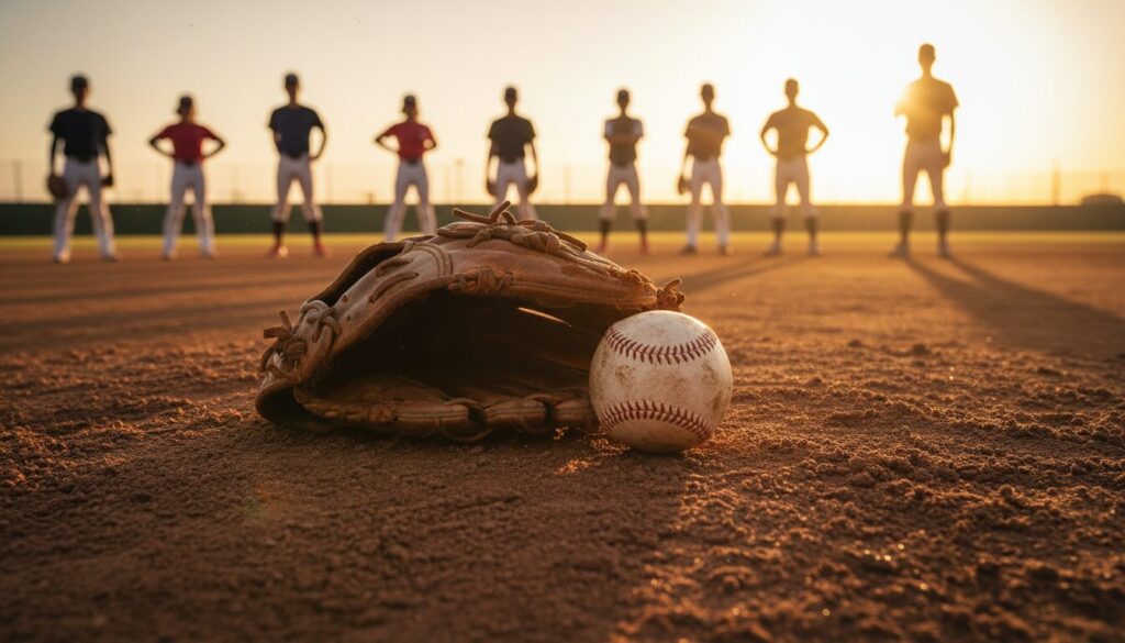 マウンドの土の上に置かれた泥だらけのグローブと白球(生成AIによるイメージ)
