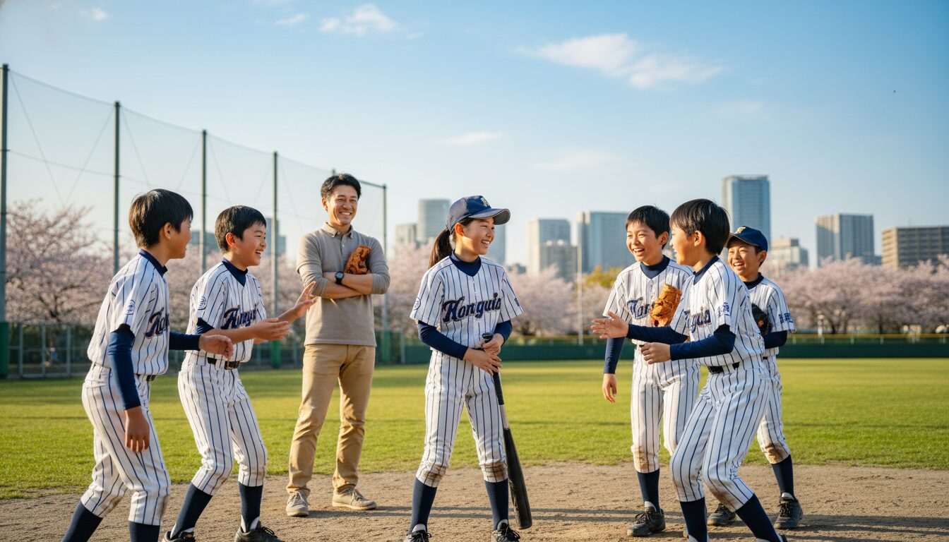少年野球のグラウンドで笑顔を見せる野球少女と少年たち、それを見守るパパ(生成AIによるイメージ)