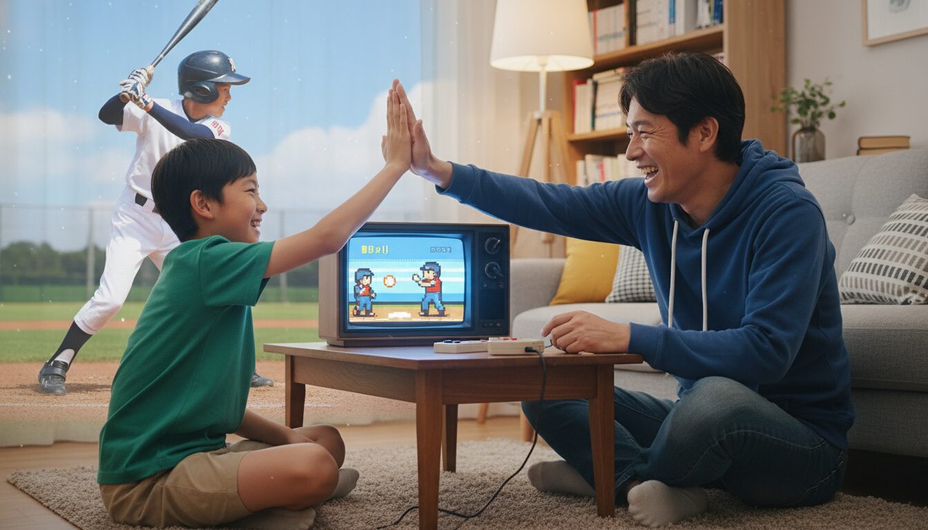 リビングで一緒に野球ゲームを楽しんだ後、グラウンドでリアルに野球をする父子のイメージ(生成AIによるイメージ)