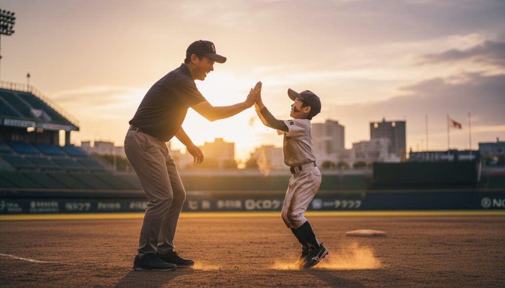 泥だらけの息子と笑顔でハイタッチをして努力を讃える父親(生成AIによるイメージ)