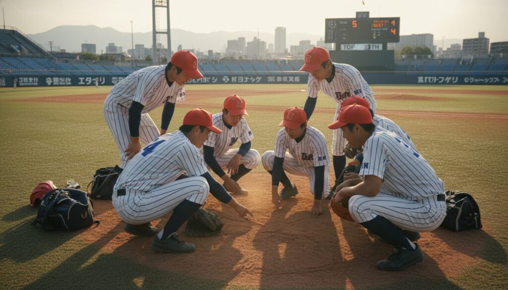 自分たちで話し合い作戦を立てる少年野球の子供たち(生成AIによるイメージ)