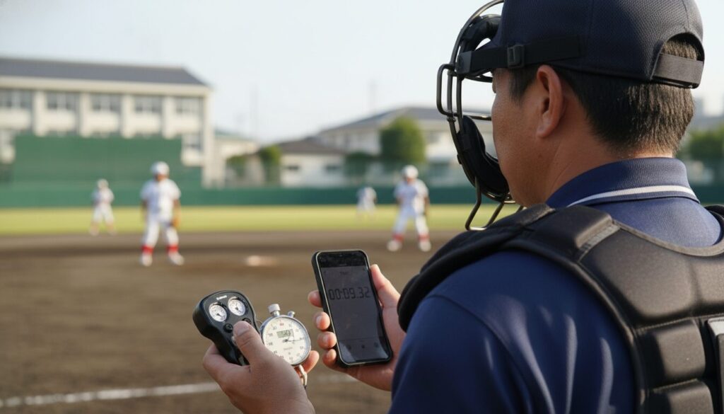 ストライク判定とタイム計測のマルチタスクに苦労するパパ審判(生成AIによるイメージ)