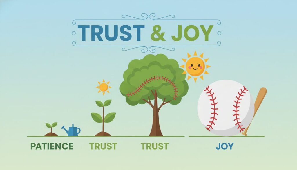 小さな芽が立派な木に成長する過程と野球ボールが描かれ、忍耐・信頼・喜びを表現したインフォグラフィック(生成AIによるイメージ)