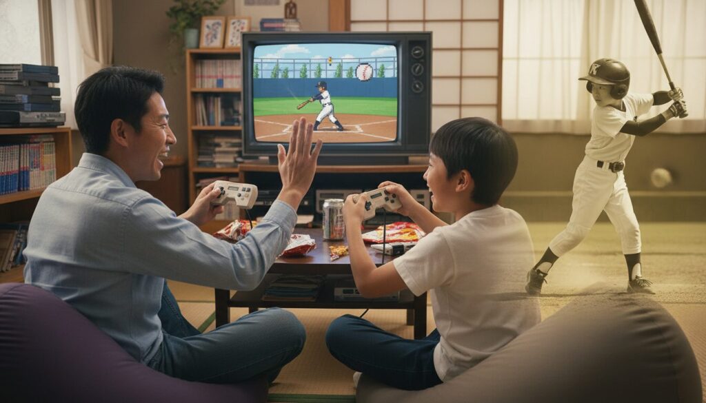 レトロ風の最新野球ゲームを熱中してプレイし、親子で世代を超えて盛り上がる様子(生成AIによるイメージ)