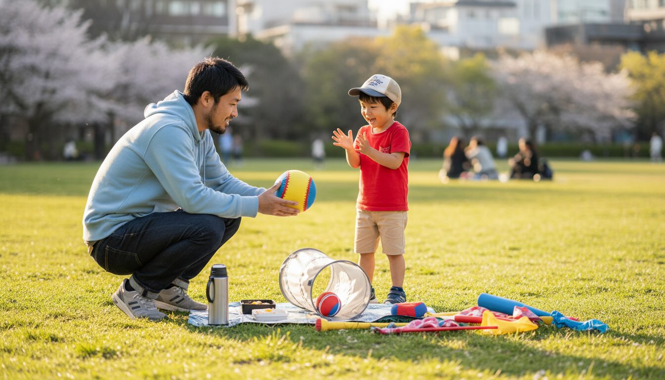 球団公式の「年中〜小2向けイベント」に潜入！野球未経験でも楽しめる「野球型レクリエーション」のヒントをイメージした親子の野球シーン (生成AIによるイメージ)