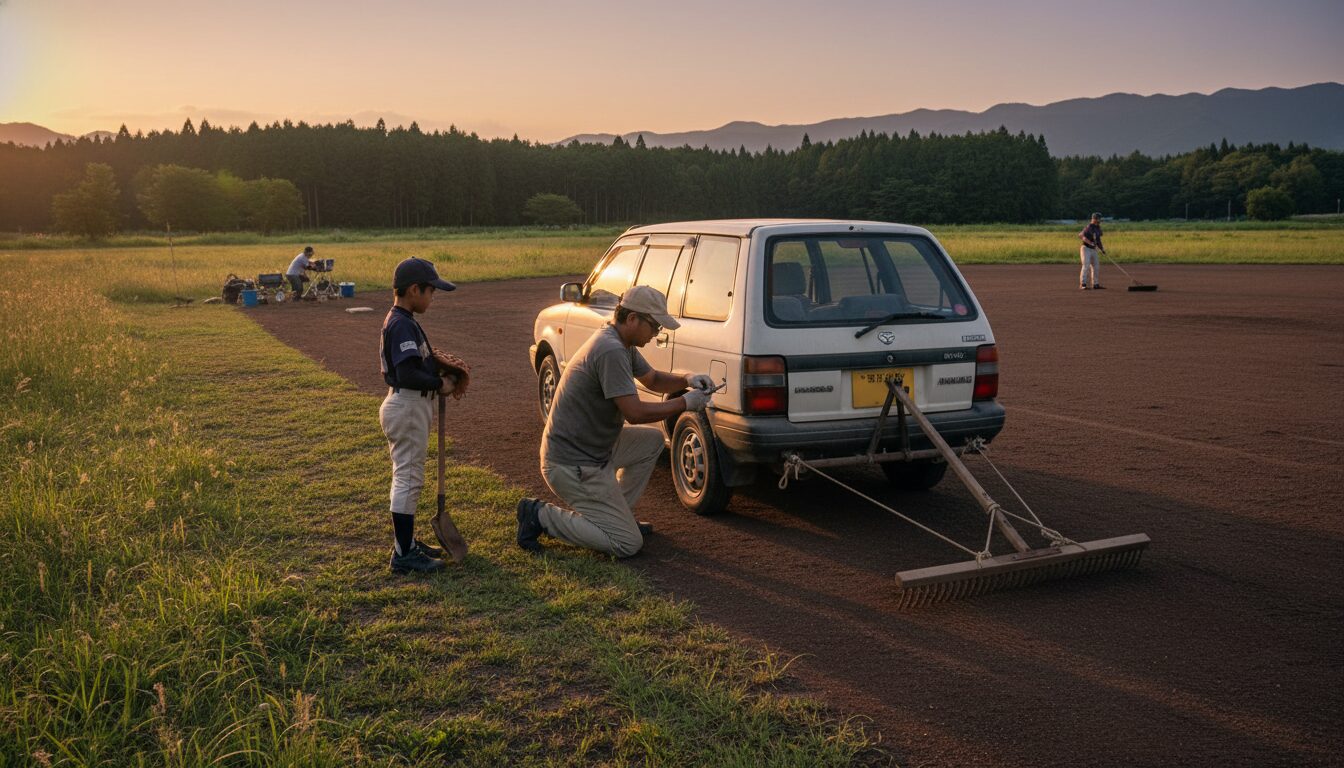 【実体験】車でトンボ引き!? 少年野球のグラウンドを「DIY」する未経験パパの環境整備術をイメージした親子の野球シーン (生成AIによるイメージ)