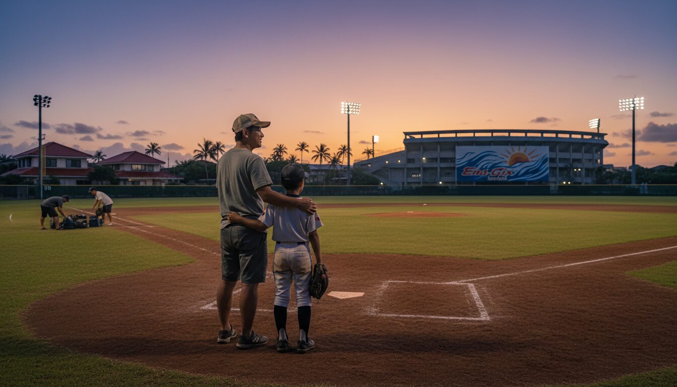創部3年で九州決勝へ！エナジックスポーツの躍進から読み解く「沖縄野球の勢力図激変」と我が子のチーム選びをイメージした親子の野球シーン (生成AIによるイメージ)