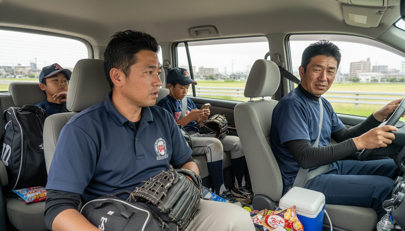 遠征の移動時間は「修行」か？未経験パパが陥る配車当番の憂鬱を表現した本文前半のイメージ (生成AIによるイメージ)