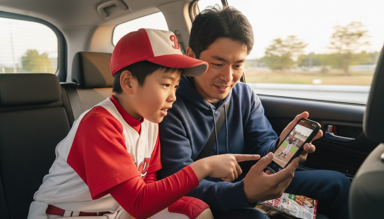 スマホを味方に！親子で取り組む「移動中の映像分析」を表現した本文中盤のイメージ (生成AIによるイメージ)