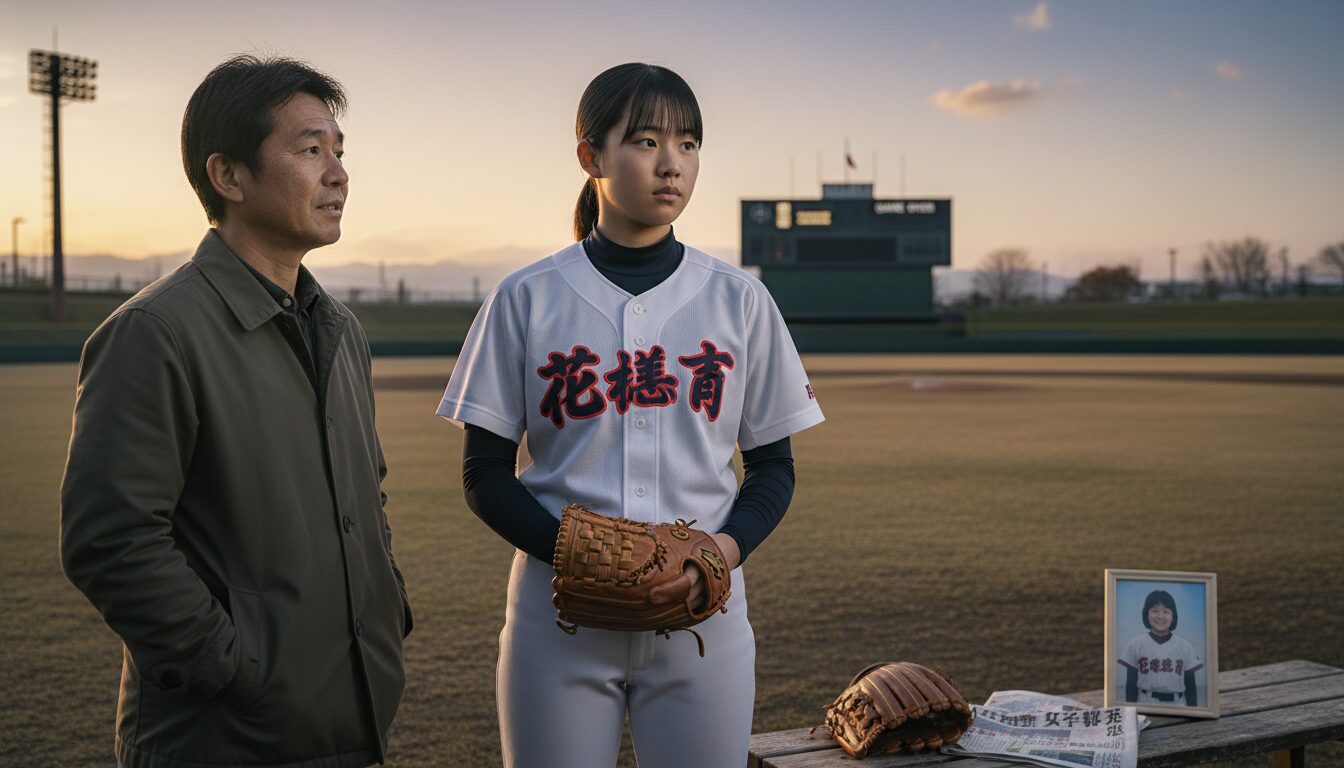 177cmの新星・寺本悠里さんに学ぶ！野球少女の「進路」と未経験パパの長期的な伴走術をイメージした親子の野球シーン (生成AIによるイメージ)