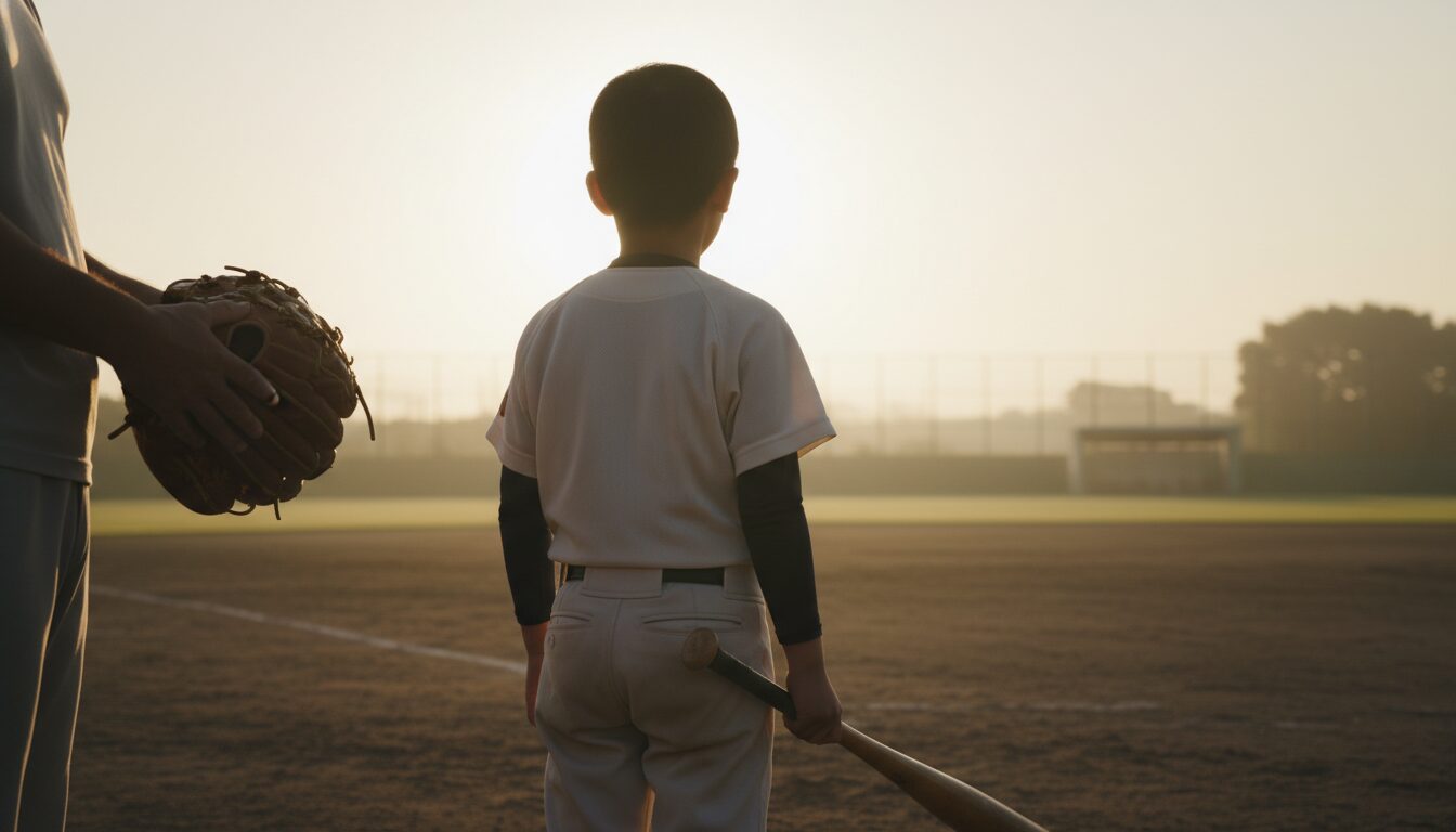 「世界の憧れ」はこうして育つ。花巻東・佐々木監督の哲学から未経験パパが学んだ、子供の夢を潰さない「引き算」のサポート術をイメージした親子の野球シーン (生成AIによるイメージ)