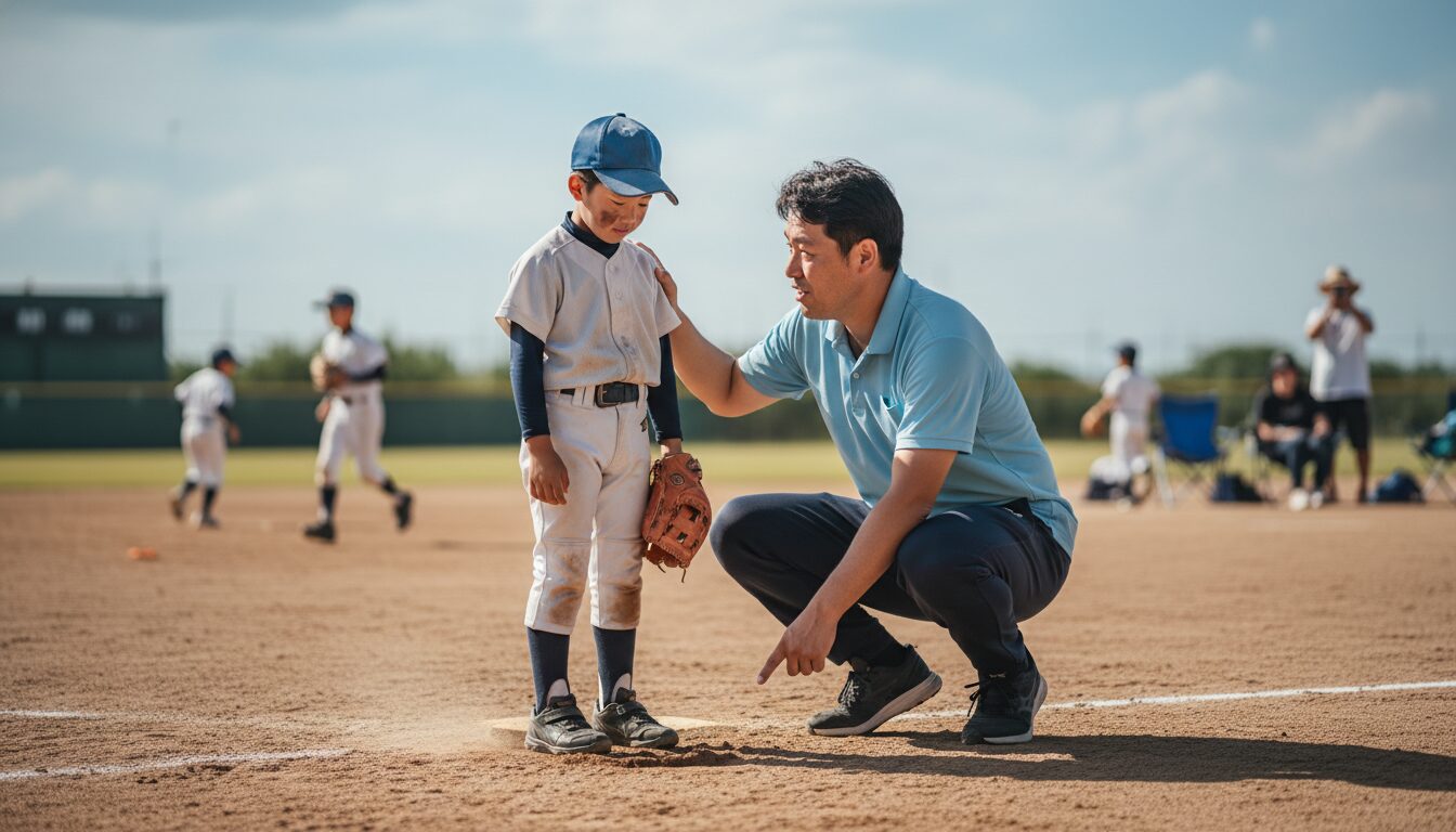 週末のグラウンドで使える！パパから子供への「魔法の声かけ」を表現した本文中盤のイメージ (生成AIによるイメージ)