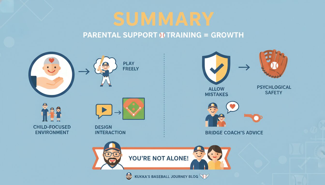 まとめ：親のメンタルケアと既存の練習メニューの掛け合わせで子供は伸びるの要点を整理したまとめイメージ (生成AIによるイメージ)