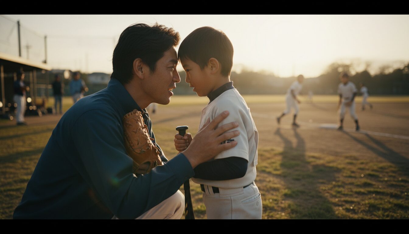 元プロの父は家で何を語る？広島工・二世選手に学ぶ「攻めの守備」と少年野球パパの声かけ術をイメージした親子の野球シーン (生成AIによるイメージ)