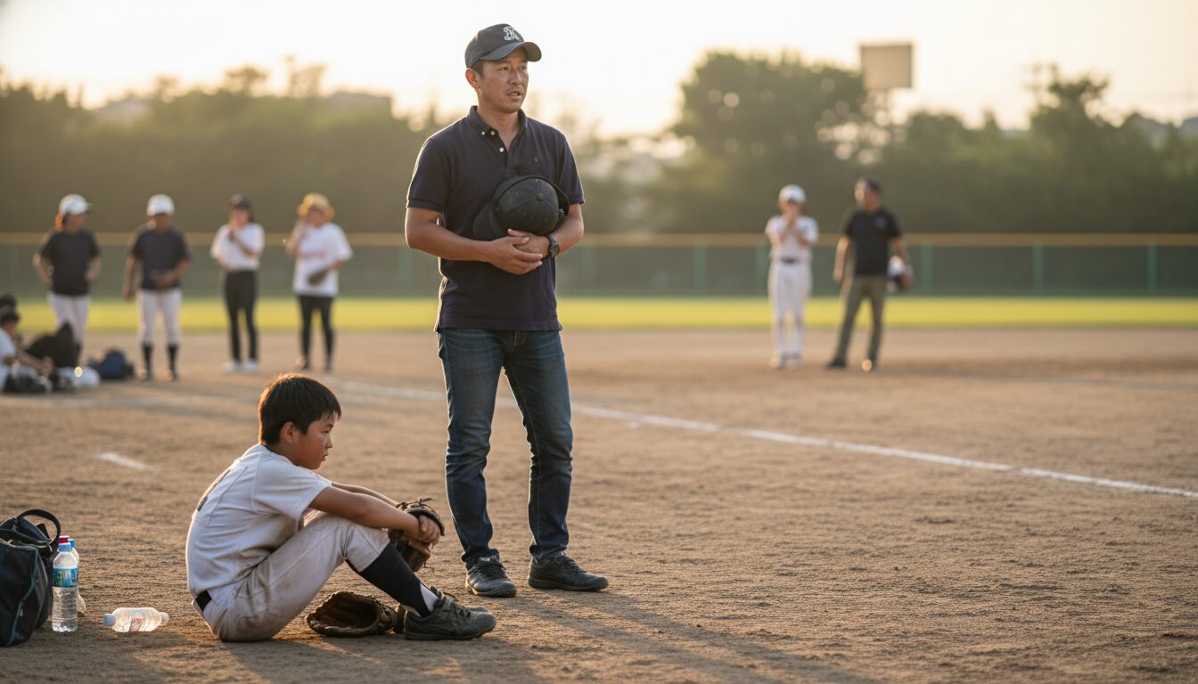 ニュースの翻訳：「クタクタになるまで」の真意と、現代の野球パパが抱えるモヤモヤを表現した本文前半のイメージ (生成AIによるイメージ)