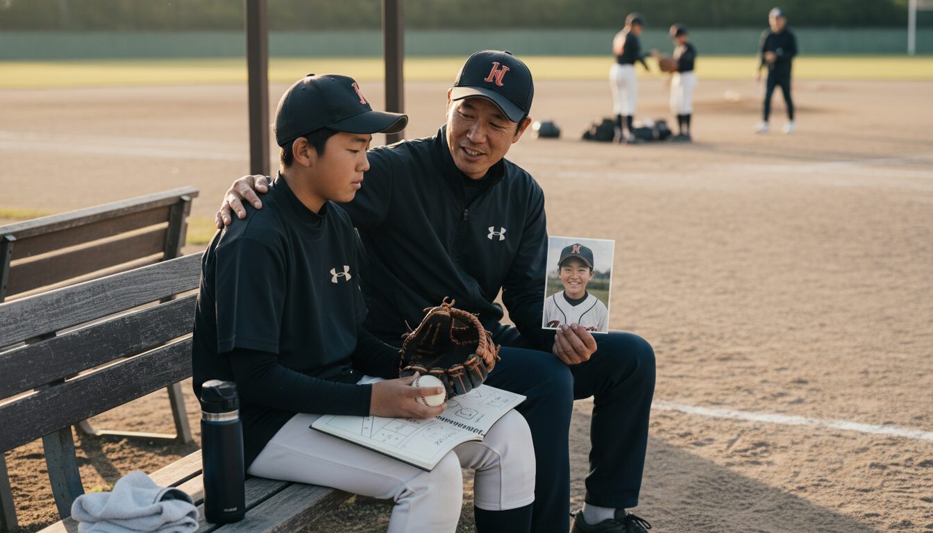 「クタクタになるまで」は古い？中学3年生の集大成を支えるパパの「引き算」サポート術をイメージした親子の野球シーン (生成AIによるイメージ)