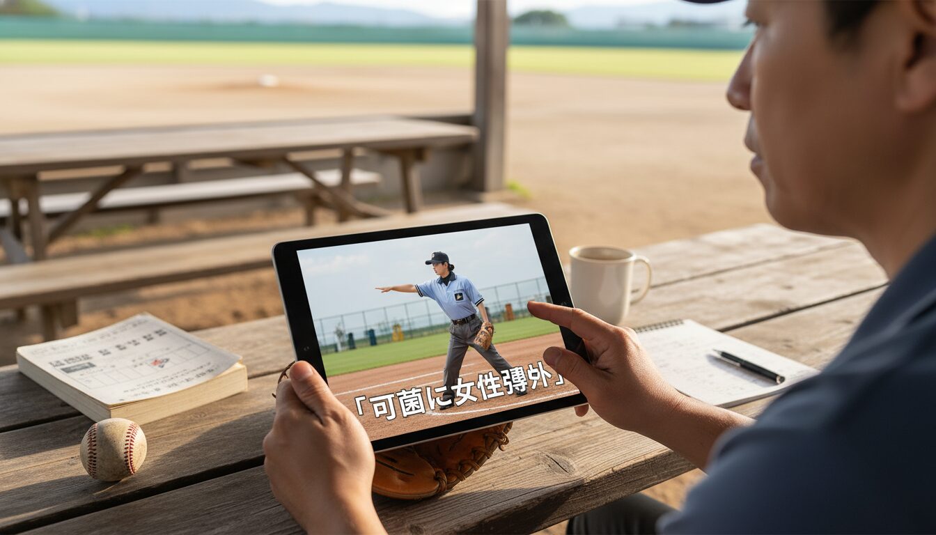 甲子園に女性審判が登場！少年野球の「パパ審判」が多様性から学ぶべき新しい視点をイメージした親子の野球シーン (生成AIによるイメージ)