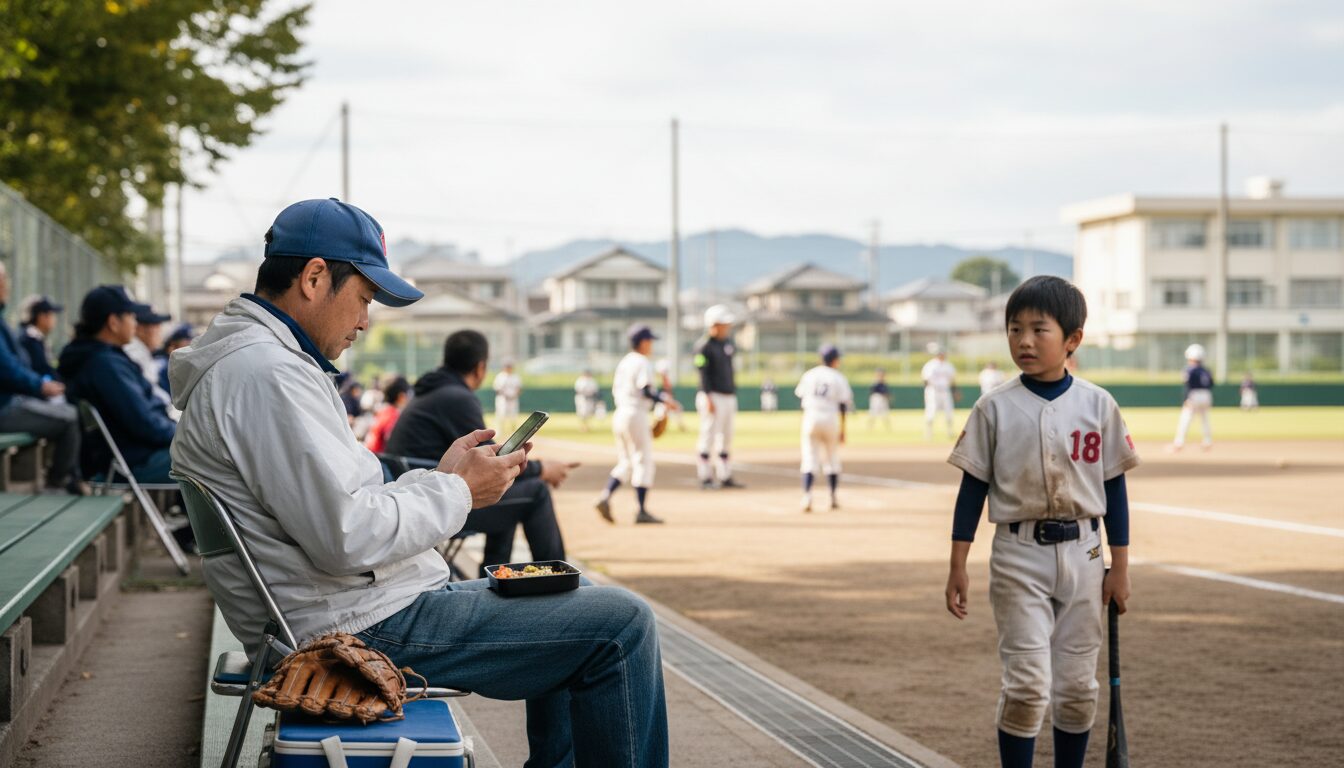 学区と部活の壁に悩むパパたちへ。「負けん氣クラブ」設立ニュースの衝撃を表現した本文前半のイメージ (生成AIによるイメージ)