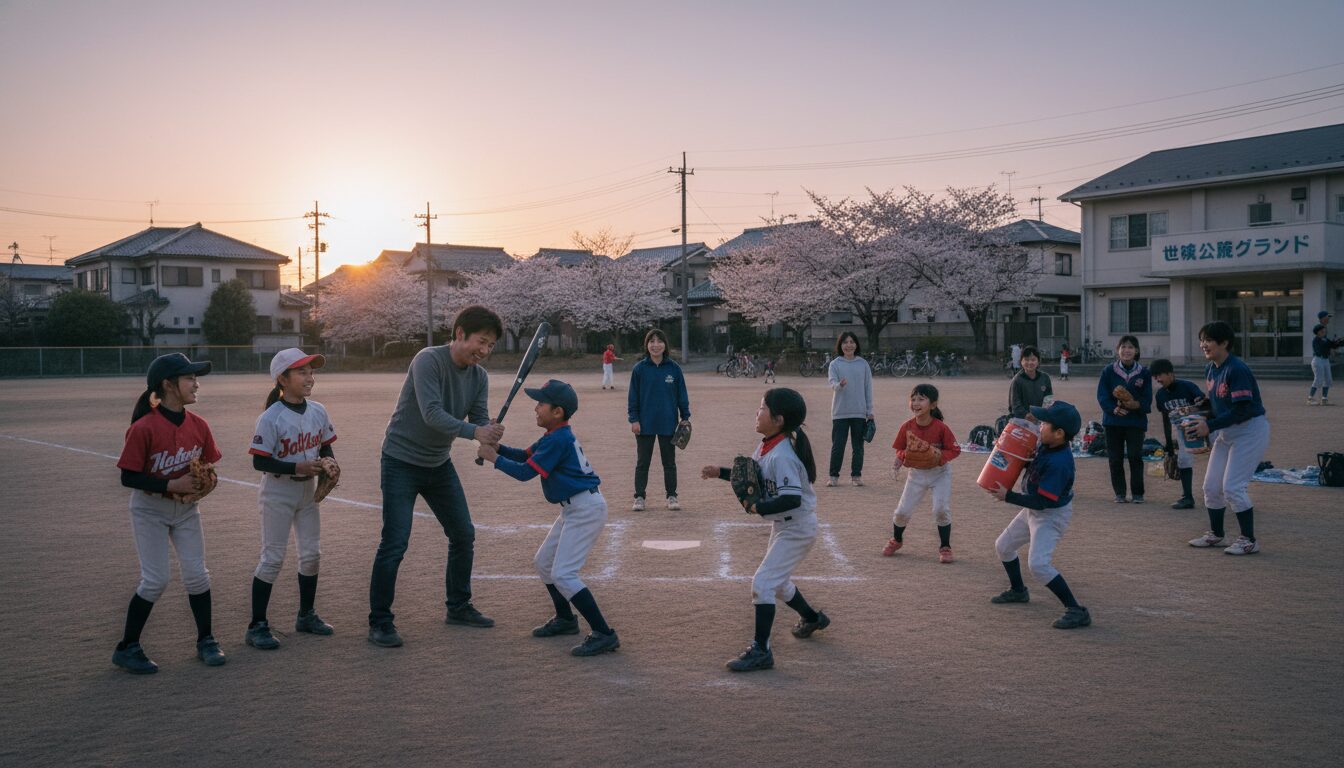 立浪和義氏の「負けん氣クラブ」に学ぶ！少年野球の枠を超えた地域連携型チームと未経験パパの環境設計をイメージした親子の野球シーン (生成AIによるイメージ)