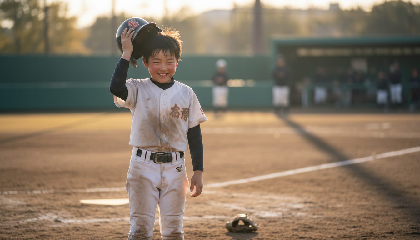 試合中の「照れ笑い」にイライラしない！全国制覇チームに学ぶ、子供を追い詰めないメンタルケアと声かけ術をイメージした親子の野球シーン (生成AIによるイメージ)