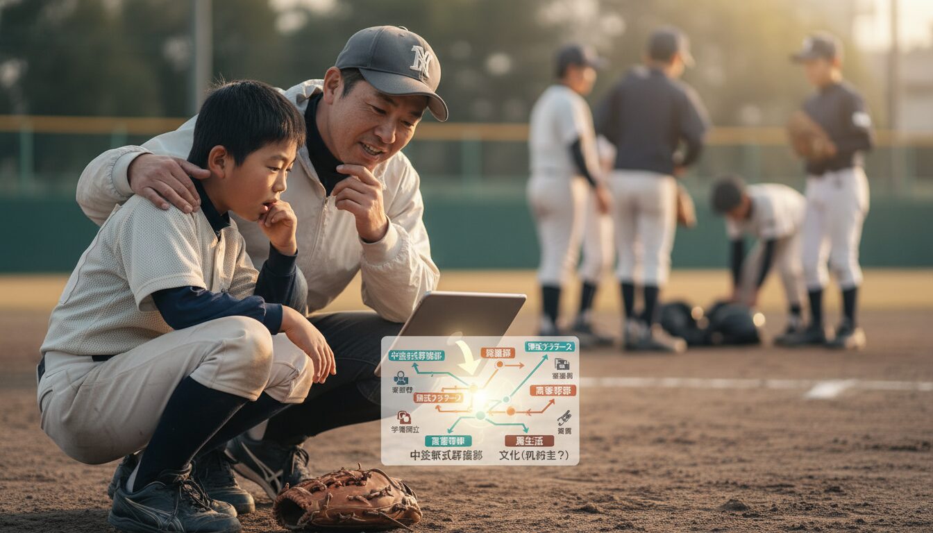 中学進路の「見える化」で迷いを解消！新サービス「SEBANGO」で見つける、我が子に最適な野球環境の探し方をイメージした親子の野球シーン (生成AIによるイメージ)