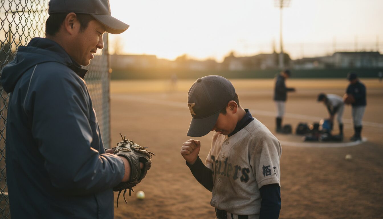 那須川天心の「涙」から考える、少年野球の負け試合で親が流すべき涙と、かけるべき言葉をイメージした親子の野球シーン (生成AIによるイメージ)