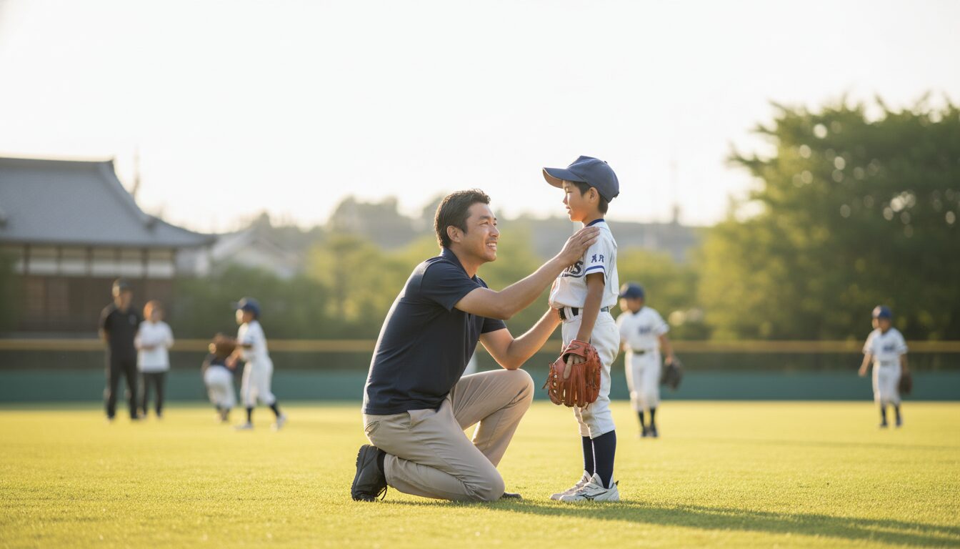 兄弟で違う才能！かまいたち山内兄弟に学ぶ、子供の個性を伸ばす親の距離感をイメージした親子の野球シーン (生成AIによるイメージ)