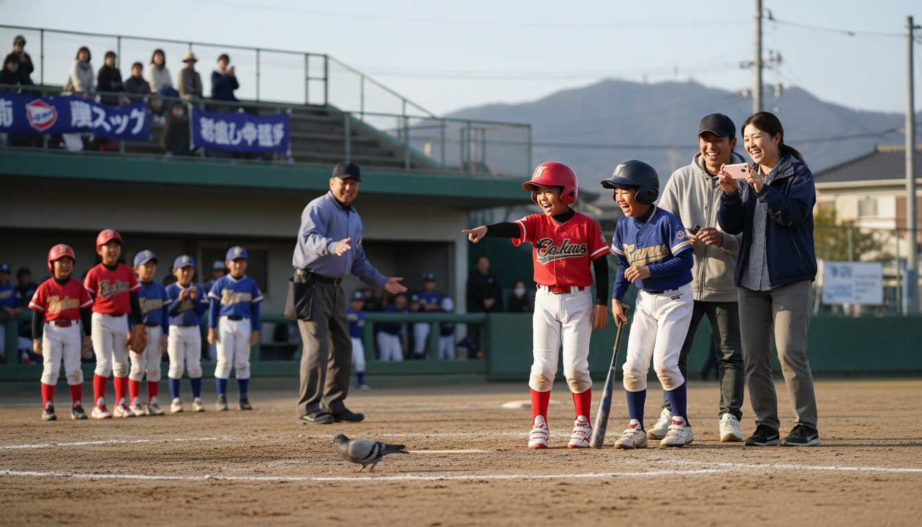 1. プロ野球の「ハト乱入」に喝采が起きた本当の理由を表現した本文前半のイメージ (生成AIによるイメージ)
