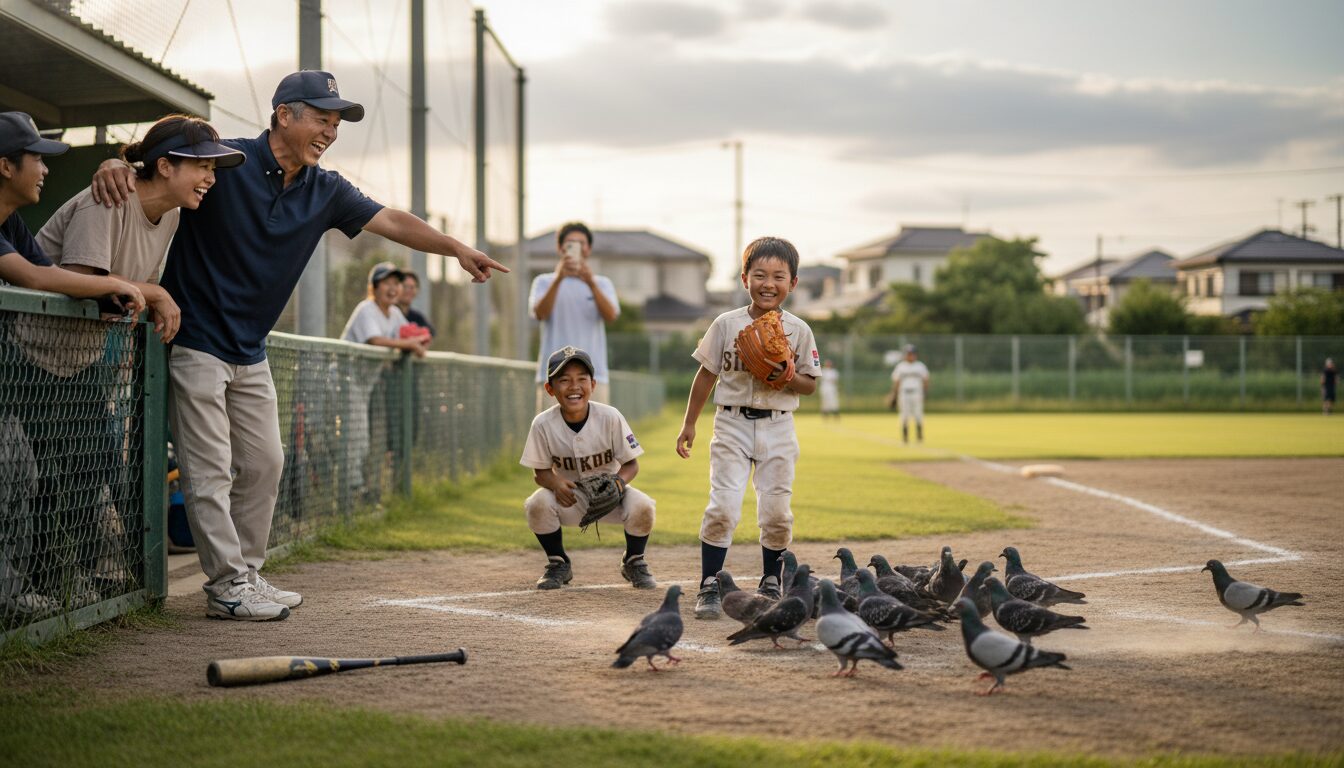プロ野球「ハト乱入」の喝采に学ぶ。少年野球のミスを「エンタメ」に変える親の心の余白をイメージした親子の野球シーン (生成AIによるイメージ)