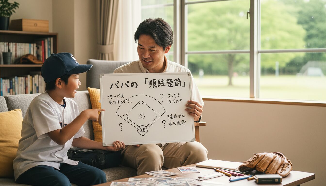 パパの「順位予想」が子供との会話を変える！出川哲朗流・プロ野球の楽しみ方を少年野球のモチベに変える術をイメージした親子の野球シーン (生成AIによるイメージ)
