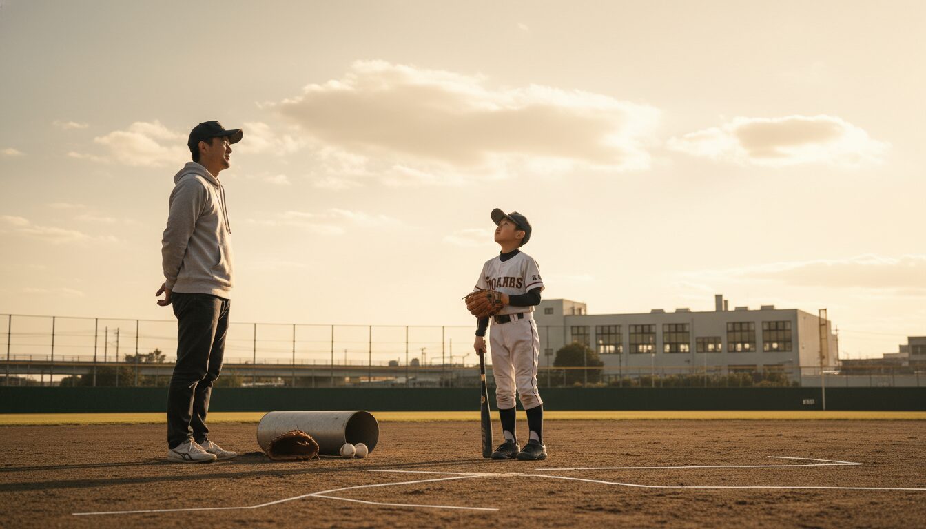 元プロの給湯器工場勤務に学ぶ！野球一辺倒にならない「キャリアの柔軟性」と未経験パパの教育論をイメージした親子の野球シーン (生成AIによるイメージ)