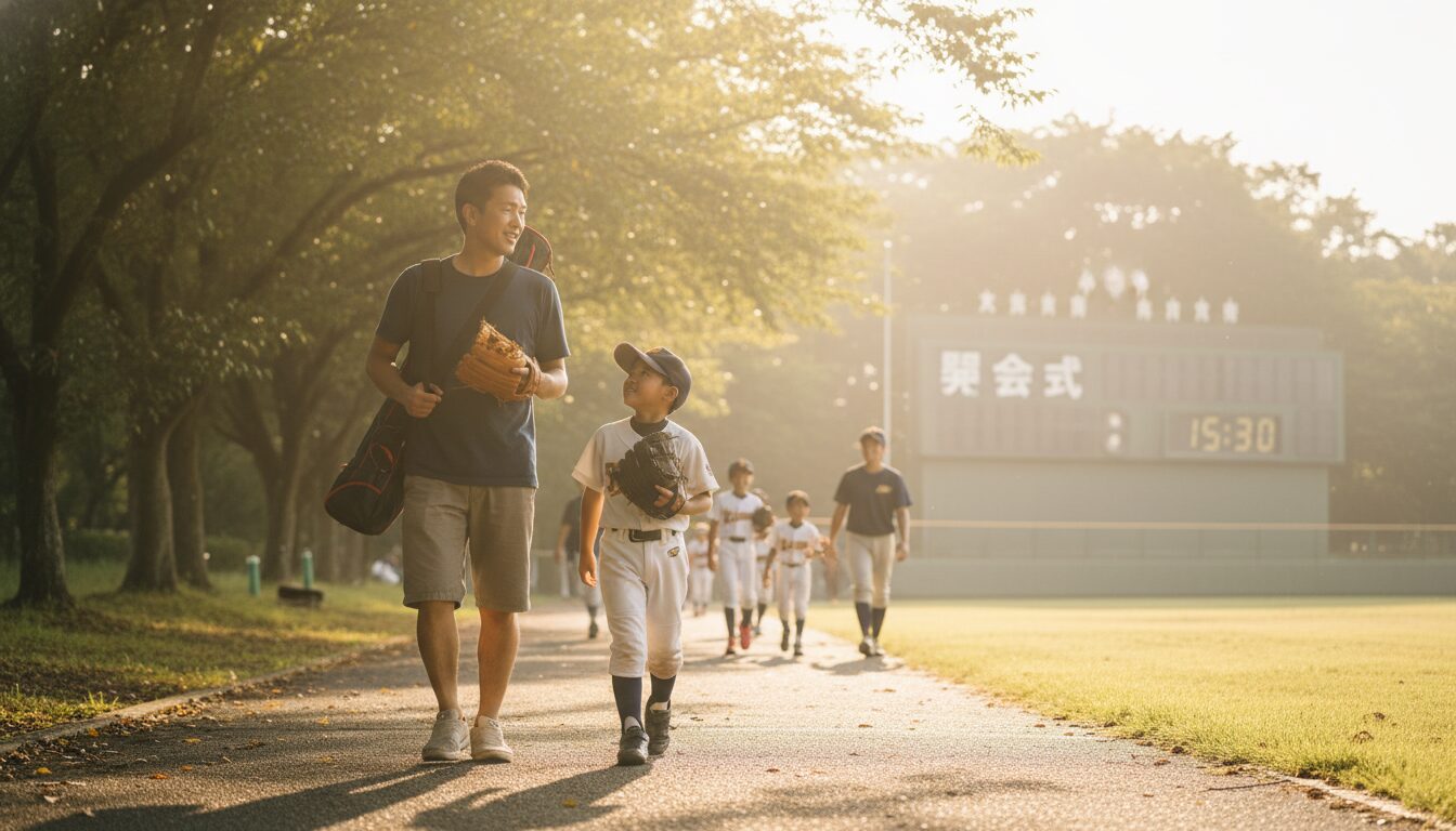 夏の開会式「午後開催」に学ぶ！少年野球の「早朝集合」を見直す未経験パパの思考法をイメージした親子の野球シーン (生成AIによるイメージ)
