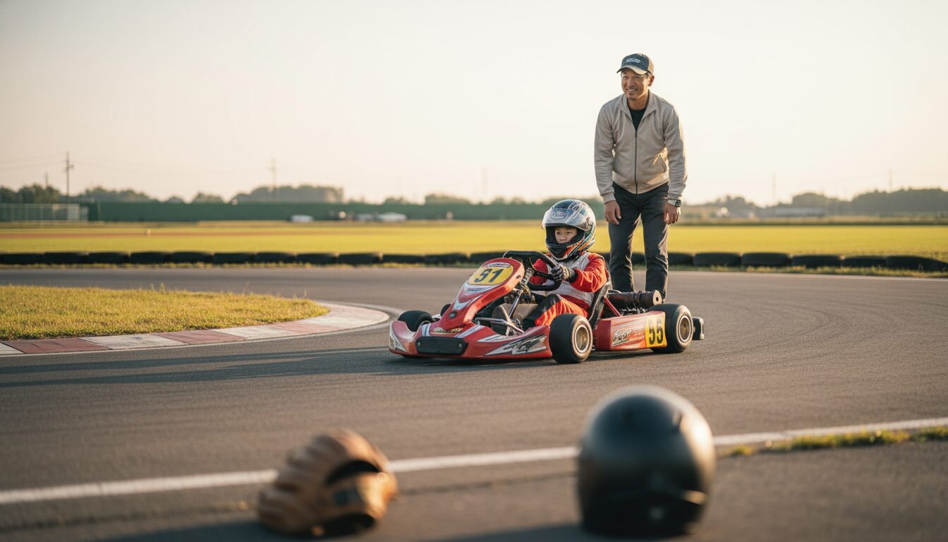 野球だけじゃない！「TAKUMA KIDS KART」に学ぶ、他競技から逆輸入する「身体操作」と「勝負勘」の養い方をイメージした親子の野球シーン (生成AIによるイメージ)