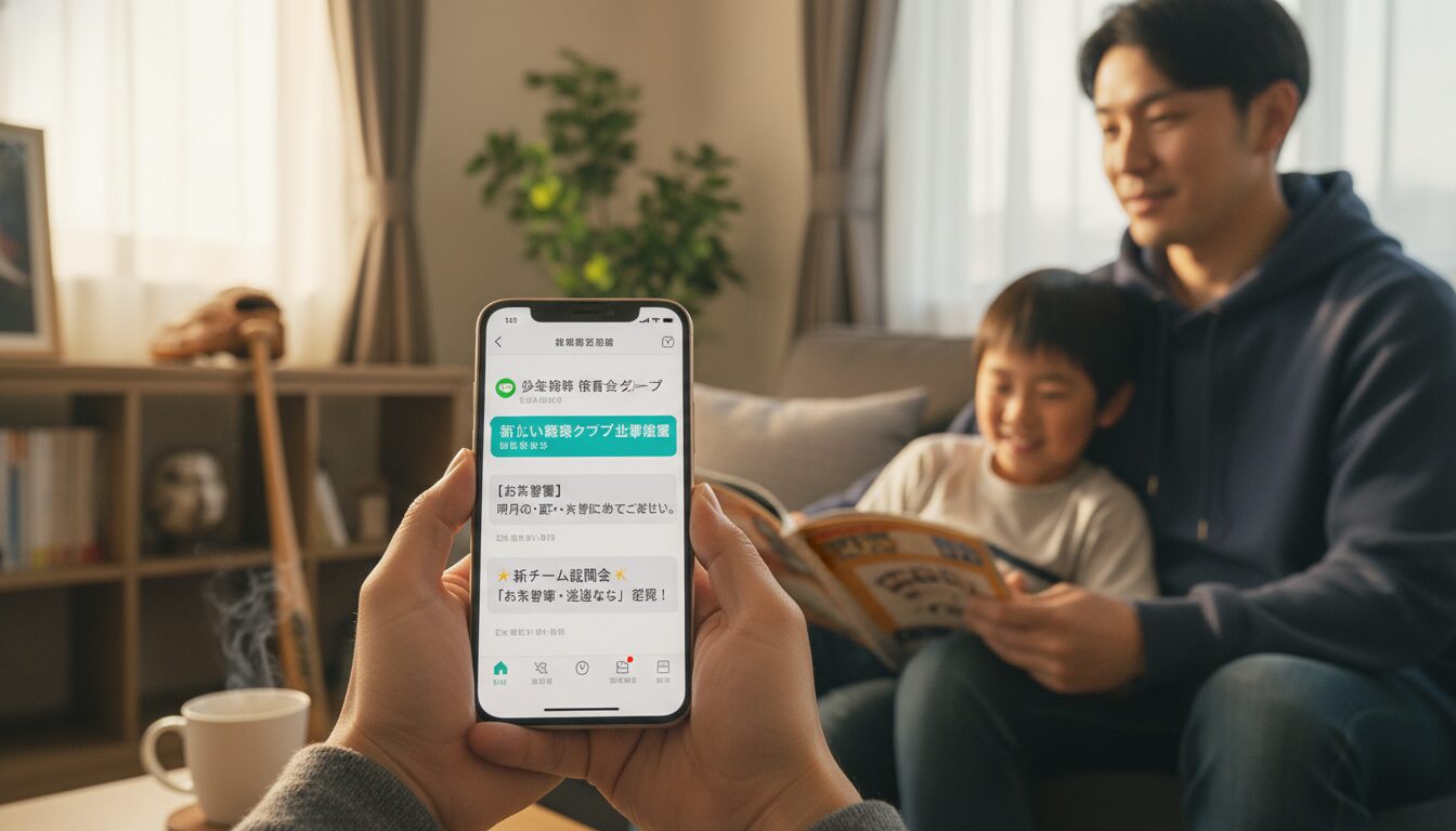 「お茶当番・送迎なし」は可能か？立浪和義氏の新クラブ設立に学ぶ、既存チームでできる小さな運営改革をイメージした親子の野球シーン (生成AIによるイメージ)