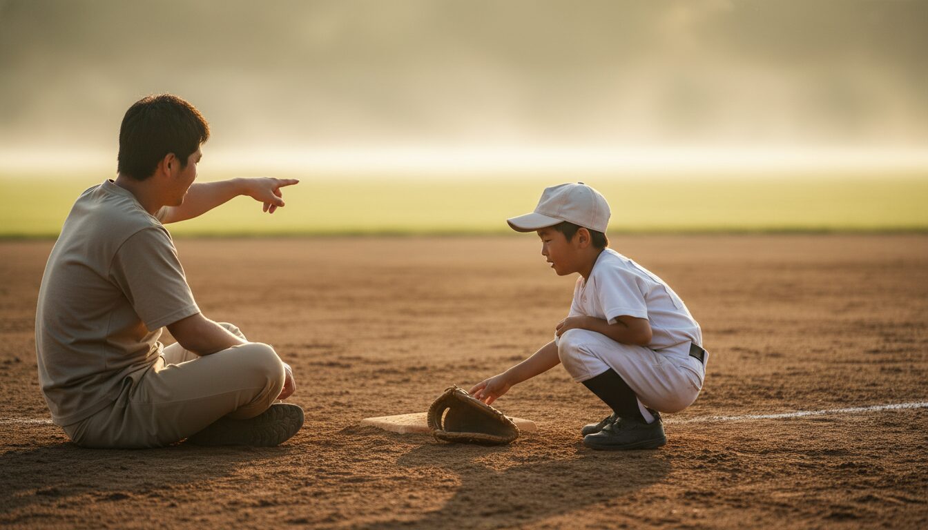 「わざと野球をやらせない」鳥谷敬氏に学ぶ！子供の自発性を引き出すパパの「引き算」サポート術をイメージした親子の野球シーン (生成AIによるイメージ)