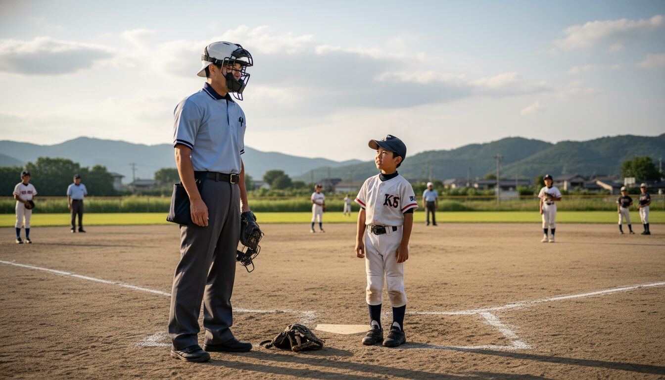 球審のヘルメット着用義務化から考える、少年野球パパ審判の「安全と威厳」のアップデートをイメージした親子の野球シーン (生成AIによるイメージ)