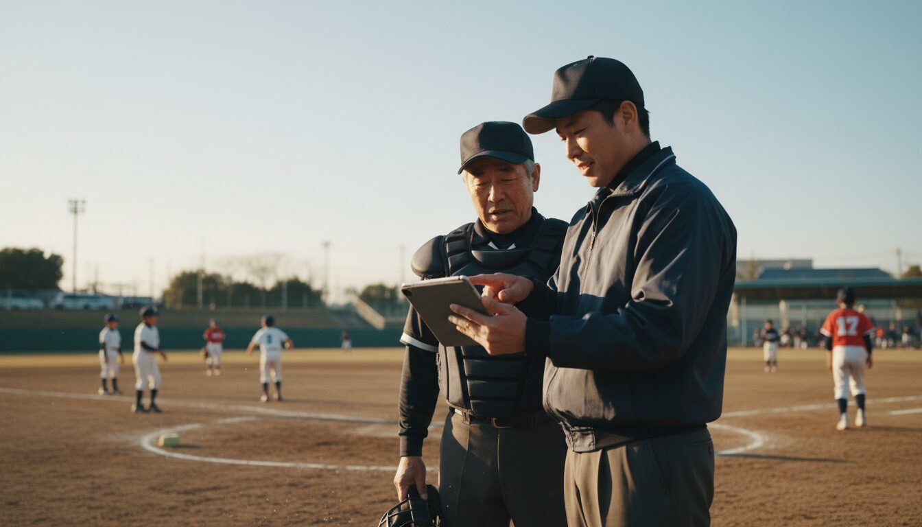 60歳審判の「チャレンジ」に学ぶ！少年野球パパ審判が身につけるべき『謙虚なアップデート術』をイメージした親子の野球シーン (生成AIによるイメージ)